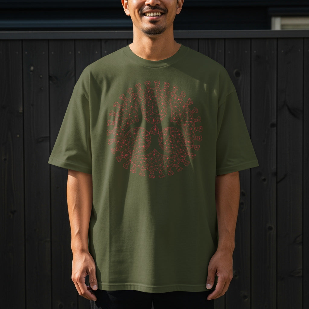 Olive t-shirt with a red wireframe coronavirus graphic on the front.