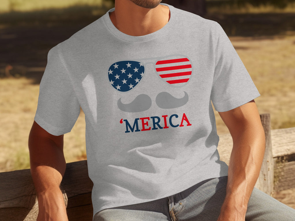 Grey t-shirt with sunglasses, mustache graphic, and 'MERICA text.