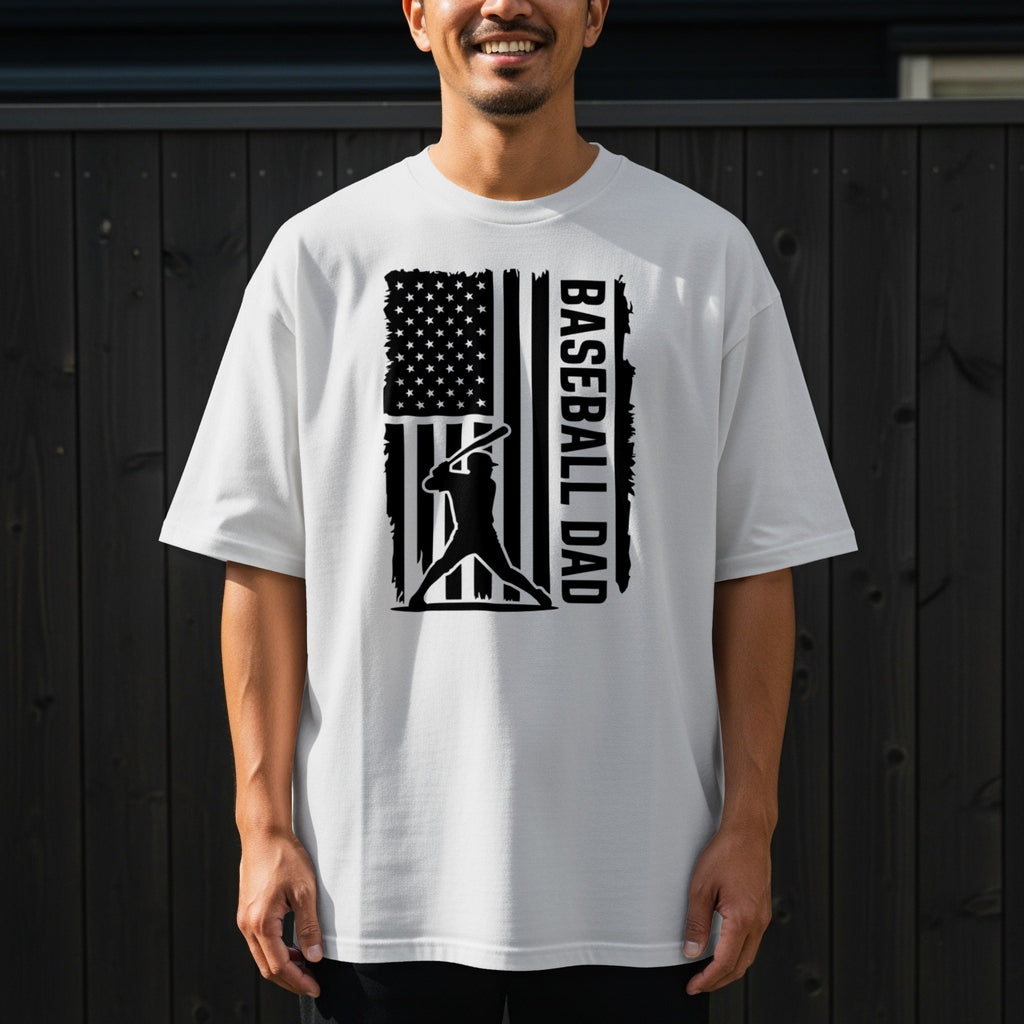 White t-shirt with distressed American flag and baseball batter graphic and "BASEBALL DAD" text.