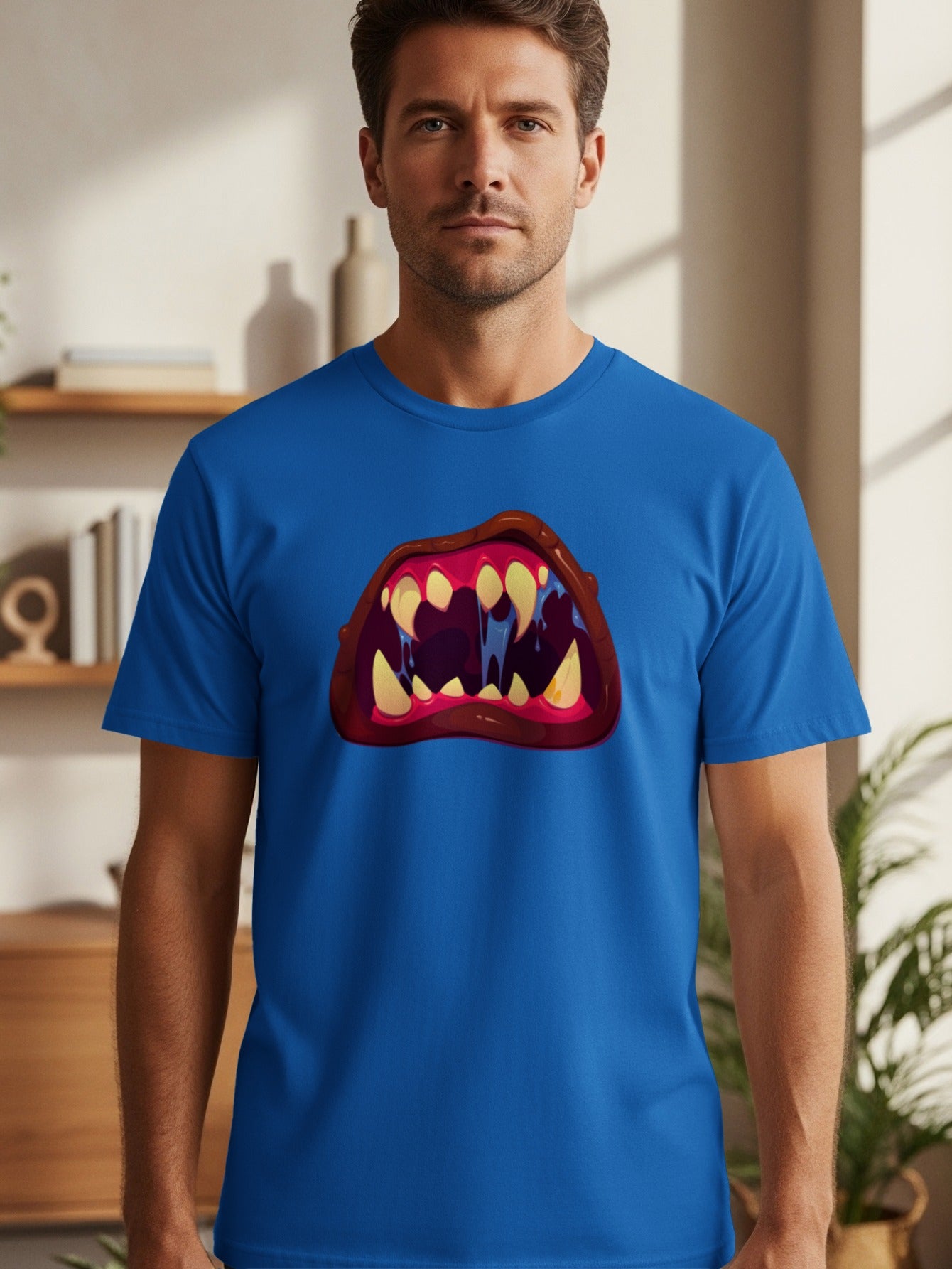 Blue t-shirt with a cartoon monster mouth graphic featuring sharp teeth and drool.