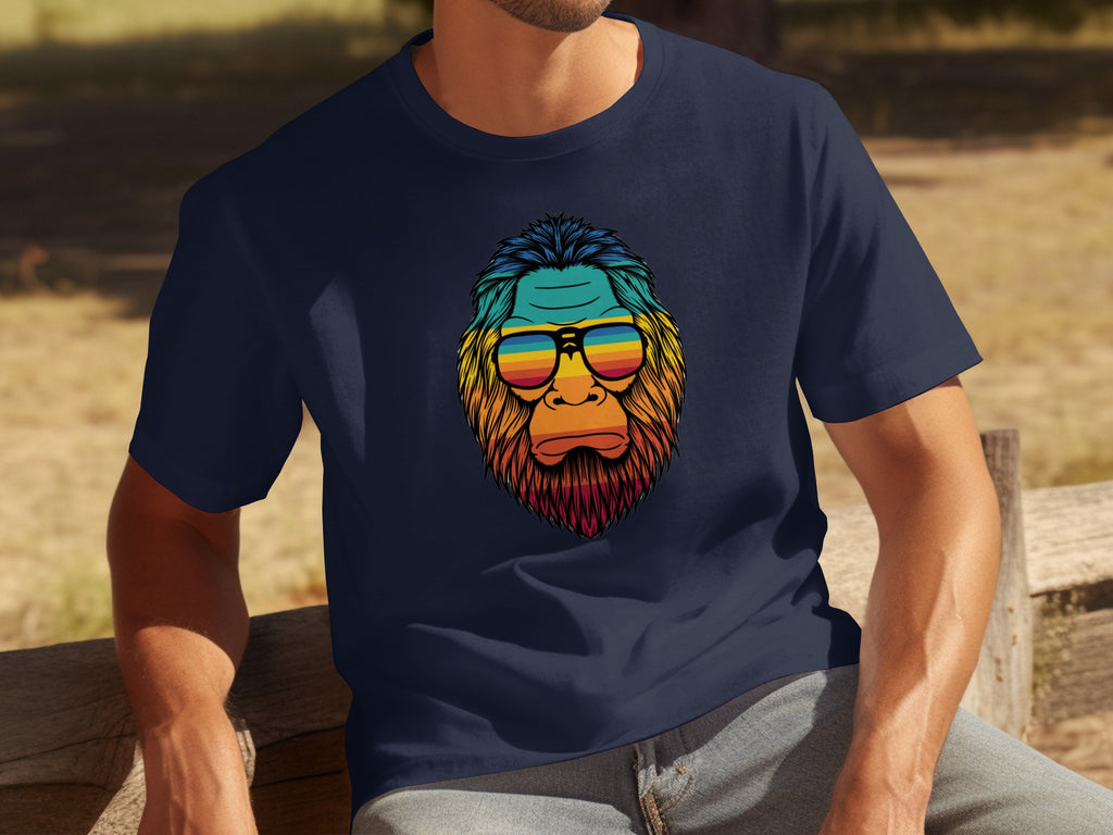 Bigfoot wearing colorful striped sunglasses and a rainbow-streaked mane.