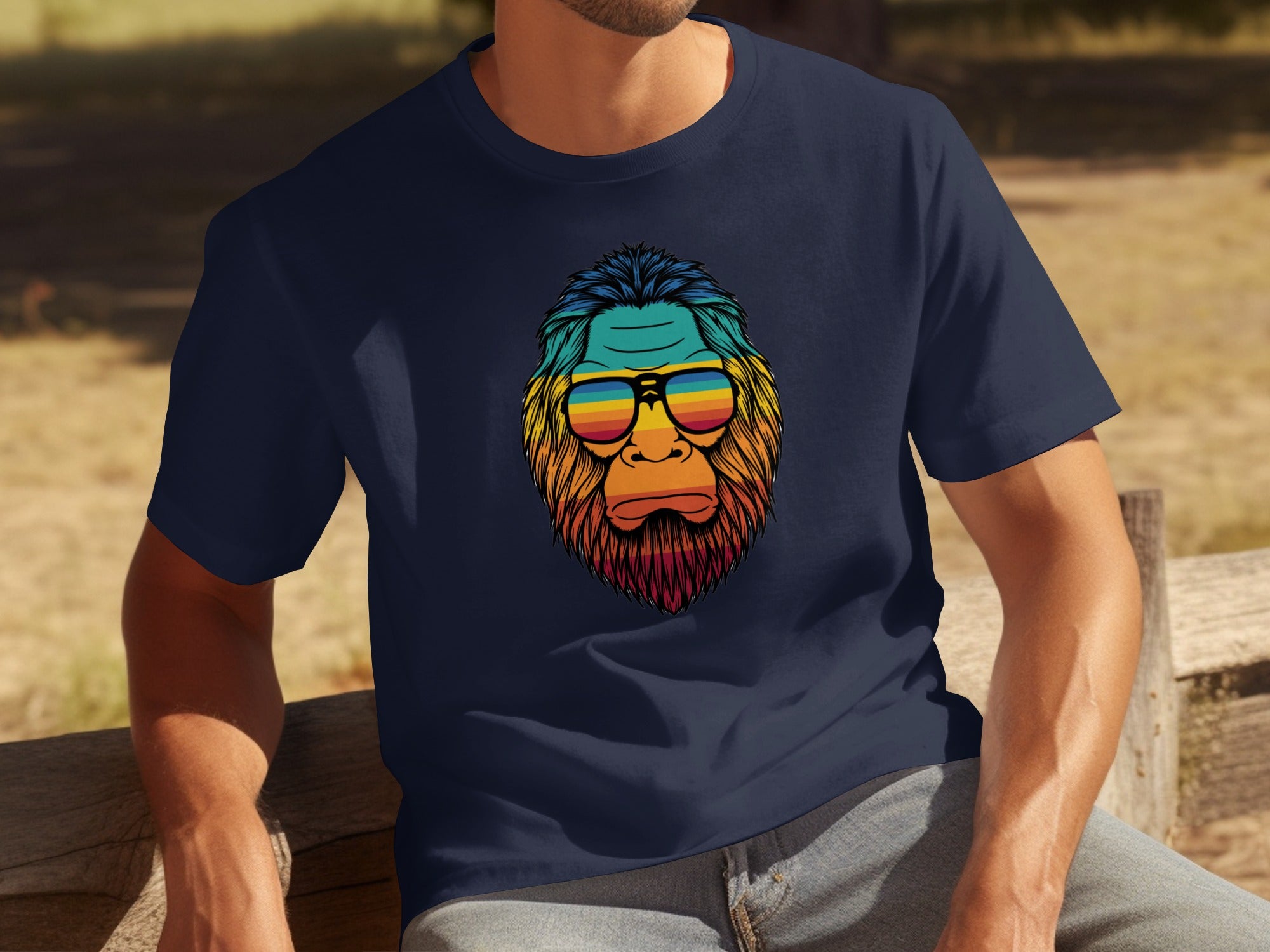 Bigfoot wearing colorful striped sunglasses and a rainbow-streaked mane.