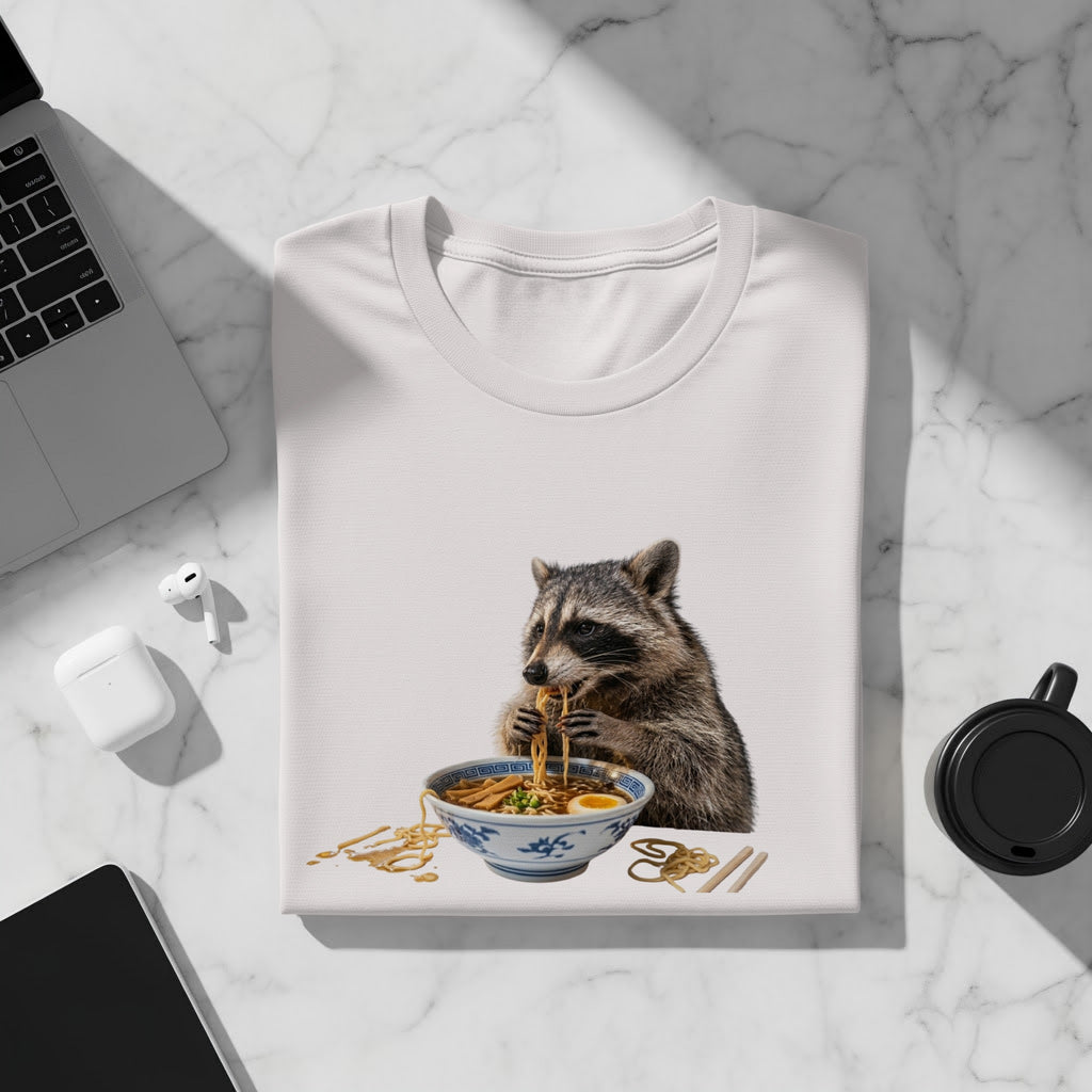 White t-shirt with a raccoon eating a bowl of ramen noodles graphic.