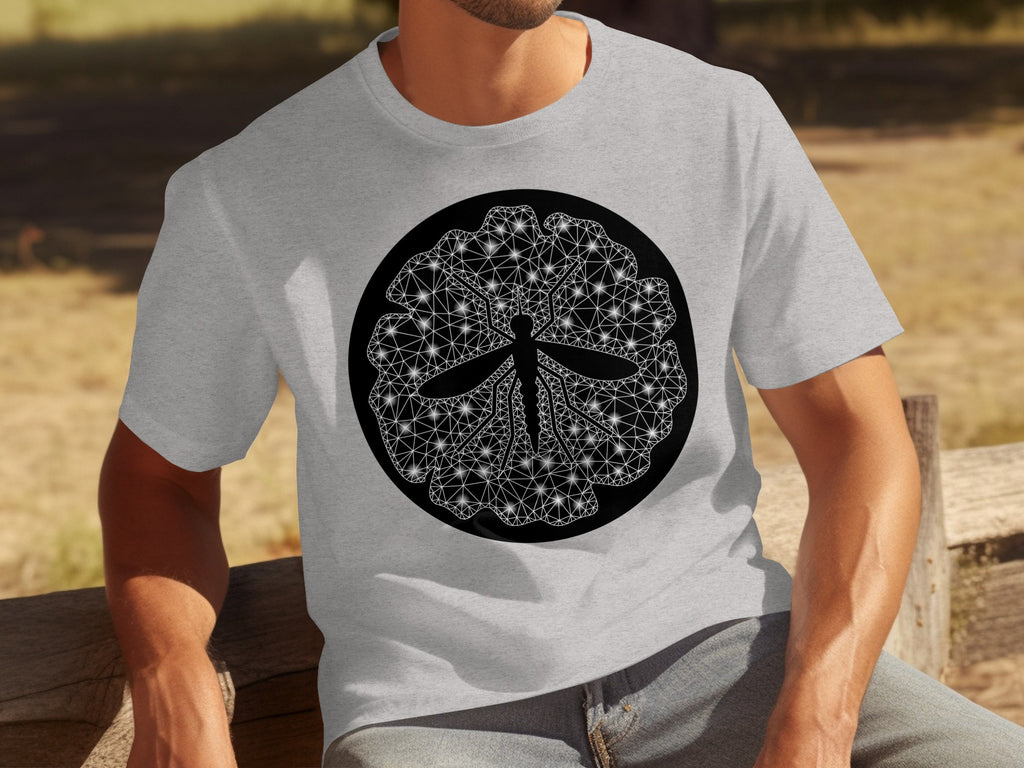 Grey t-shirt with a black circle graphic featuring a white, geometric dragonfly design.