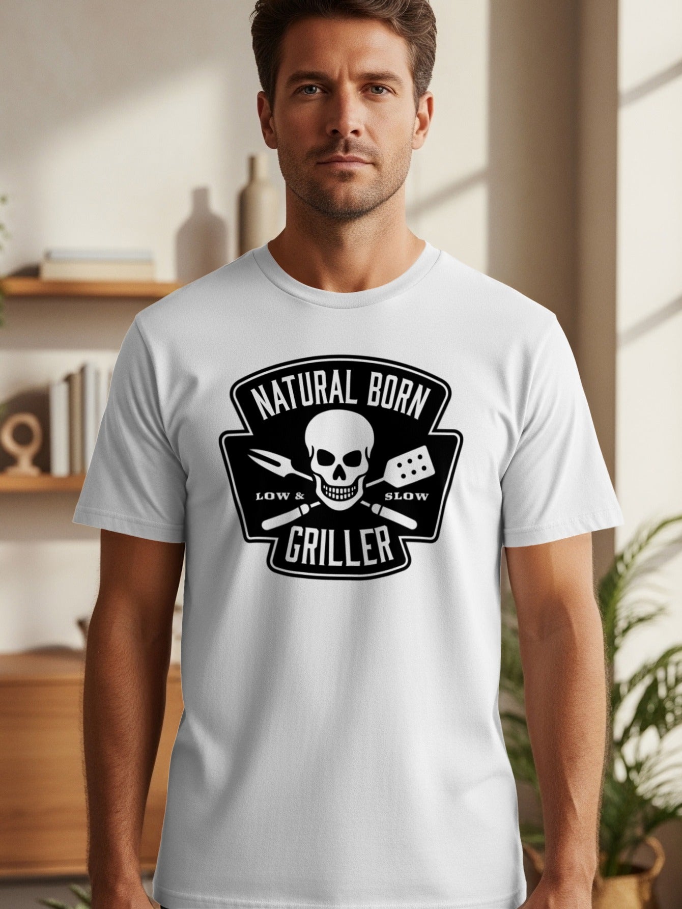 White t-shirt with black "Natural Born Griller" text, skull, and grilling tools.