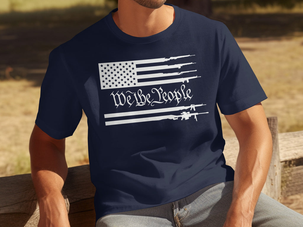 Navy t-shirt with white American flag graphic and "We the People" text.