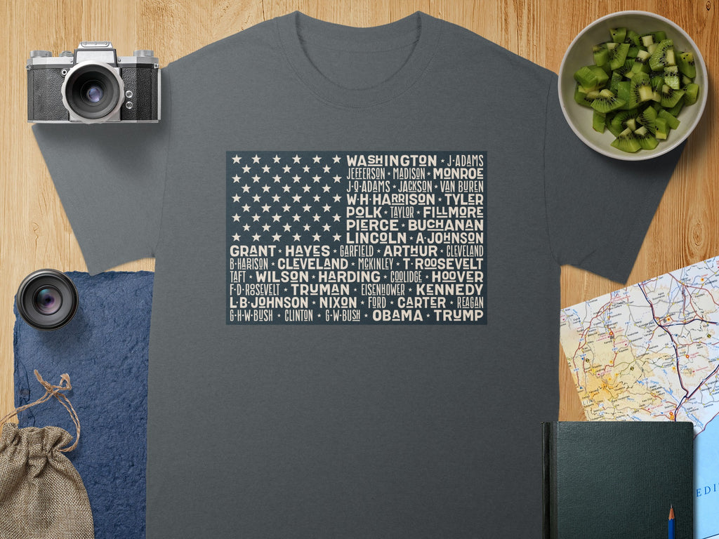 T-shirt with US Presidents listed within the American flag design.