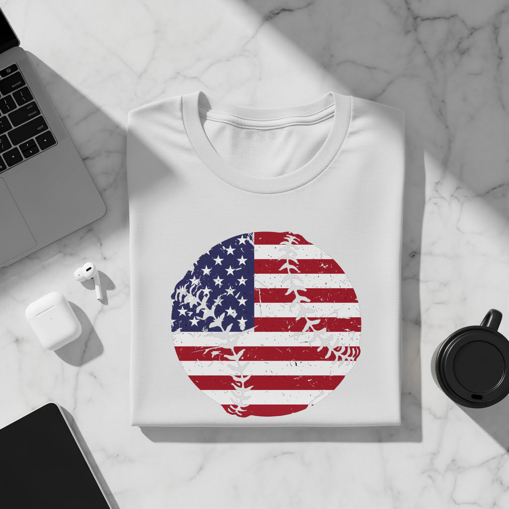 White t-shirt with distressed American flag baseball graphic.