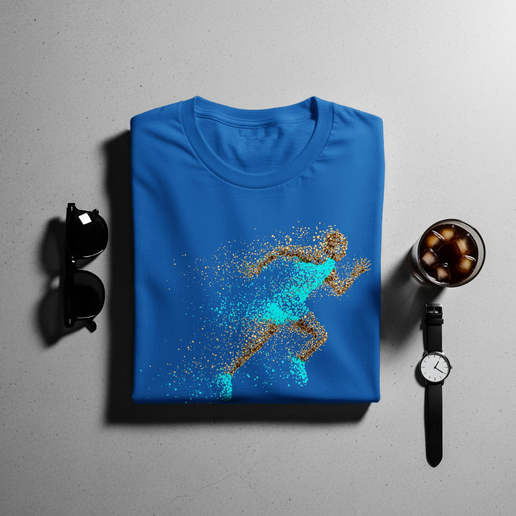 Blue t-shirt with a dynamic runner graphic made of gold and turquoise particles.