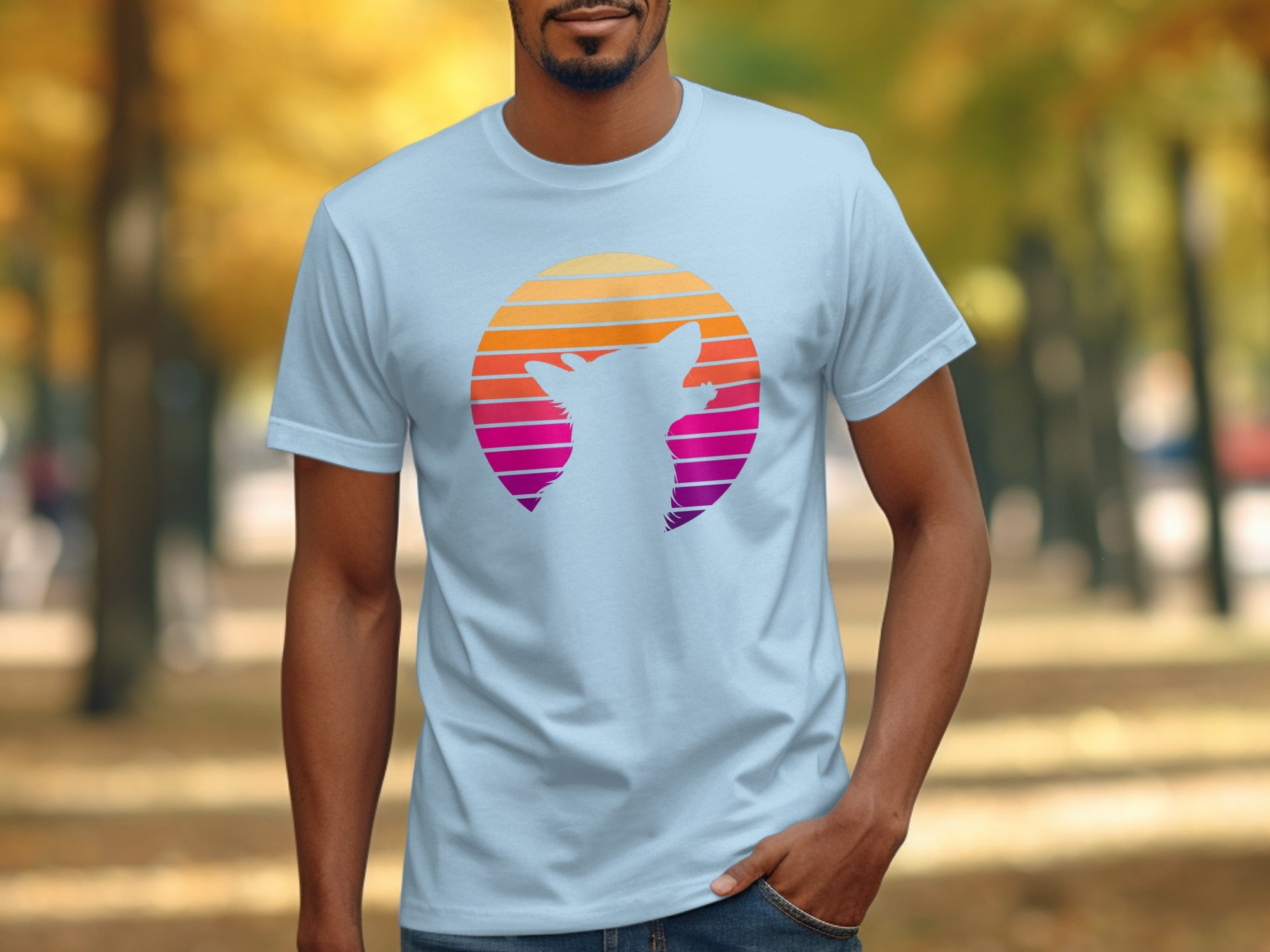 Light blue t-shirt featuring a white dog silhouette within a retro sunset circle.