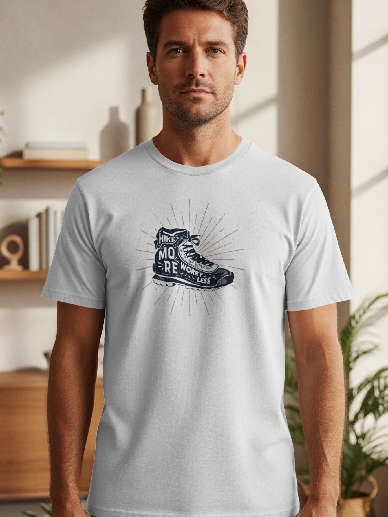 White t-shirt with hiking boot graphic featuring text: Hike More Worry Less
