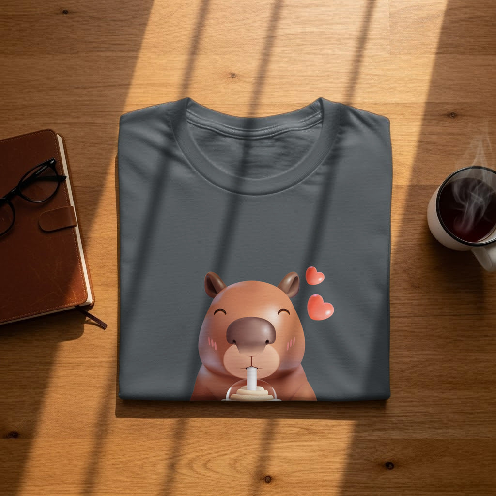 Gray t-shirt with cartoon capybara drinking from a cup and hearts.
