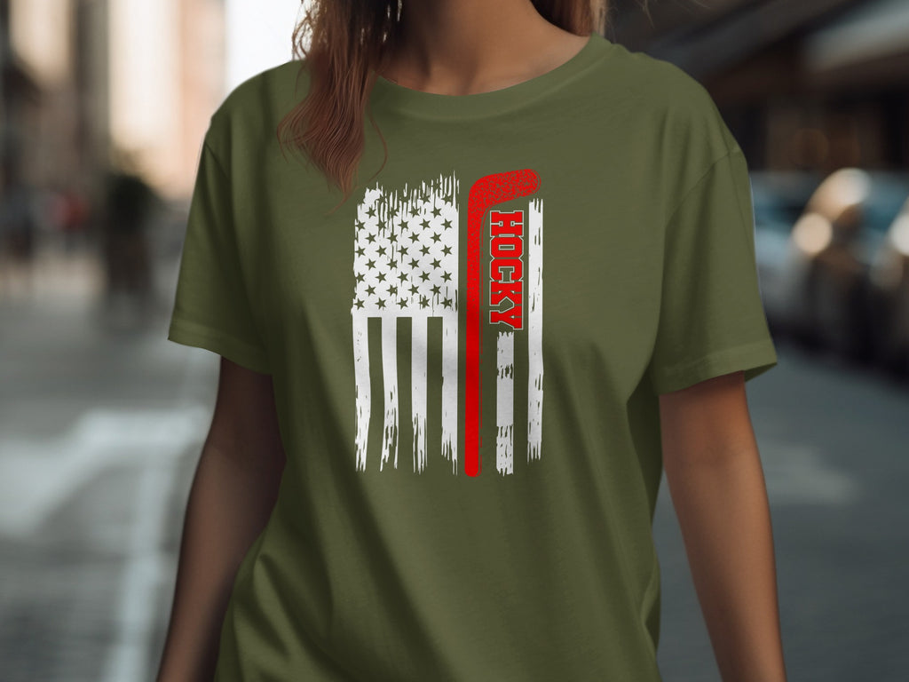 Green t-shirt with distressed American flag and red hockey stick.