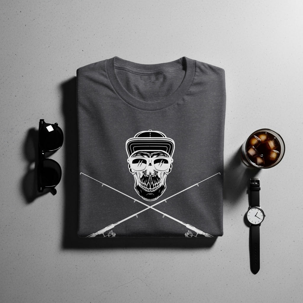 Dark t-shirt with white graphic of skull wearing sunglasses and hat, crossed fishing rods.