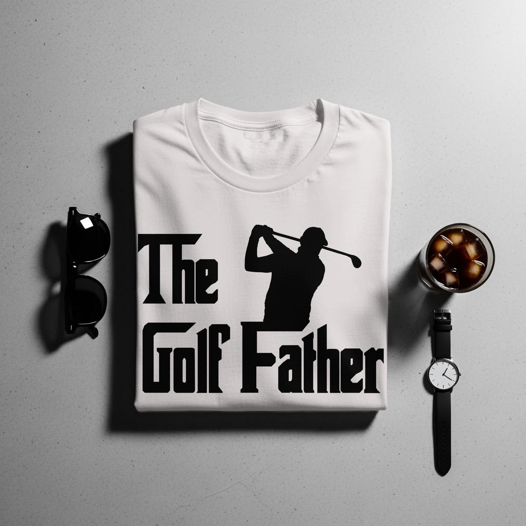 White t-shirt with "The Golf Father" text and golfer silhouette.