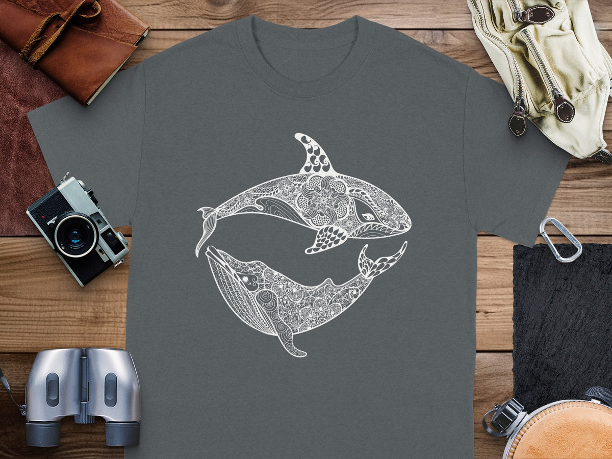 Grey t-shirt with white ornate whale and orca yin yang design.