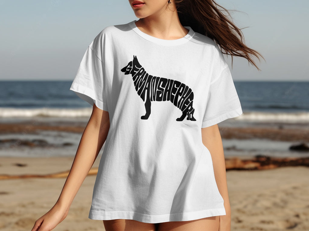 White t-shirt with black German Shepherd silhouette art made of text.