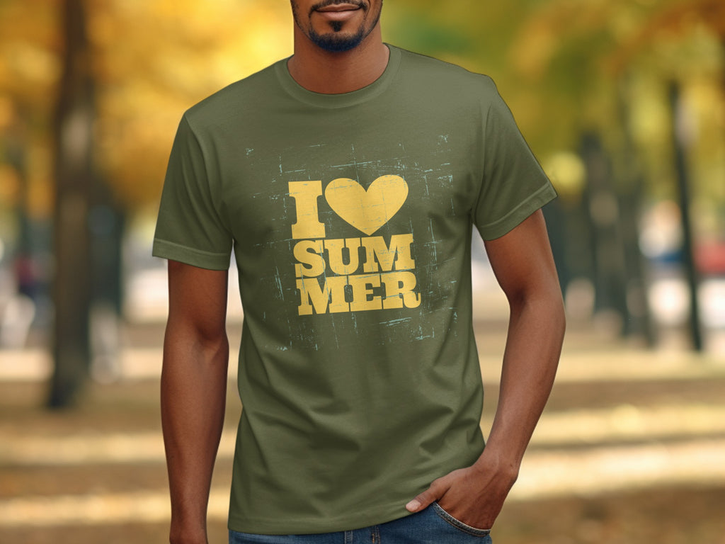 Olive green t-shirt with yellow "I love Summer" text and heart graphic.