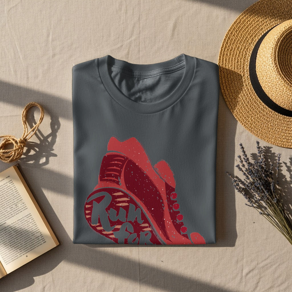 Gray t-shirt with a red graphic of a running shoe and the text "Run For".