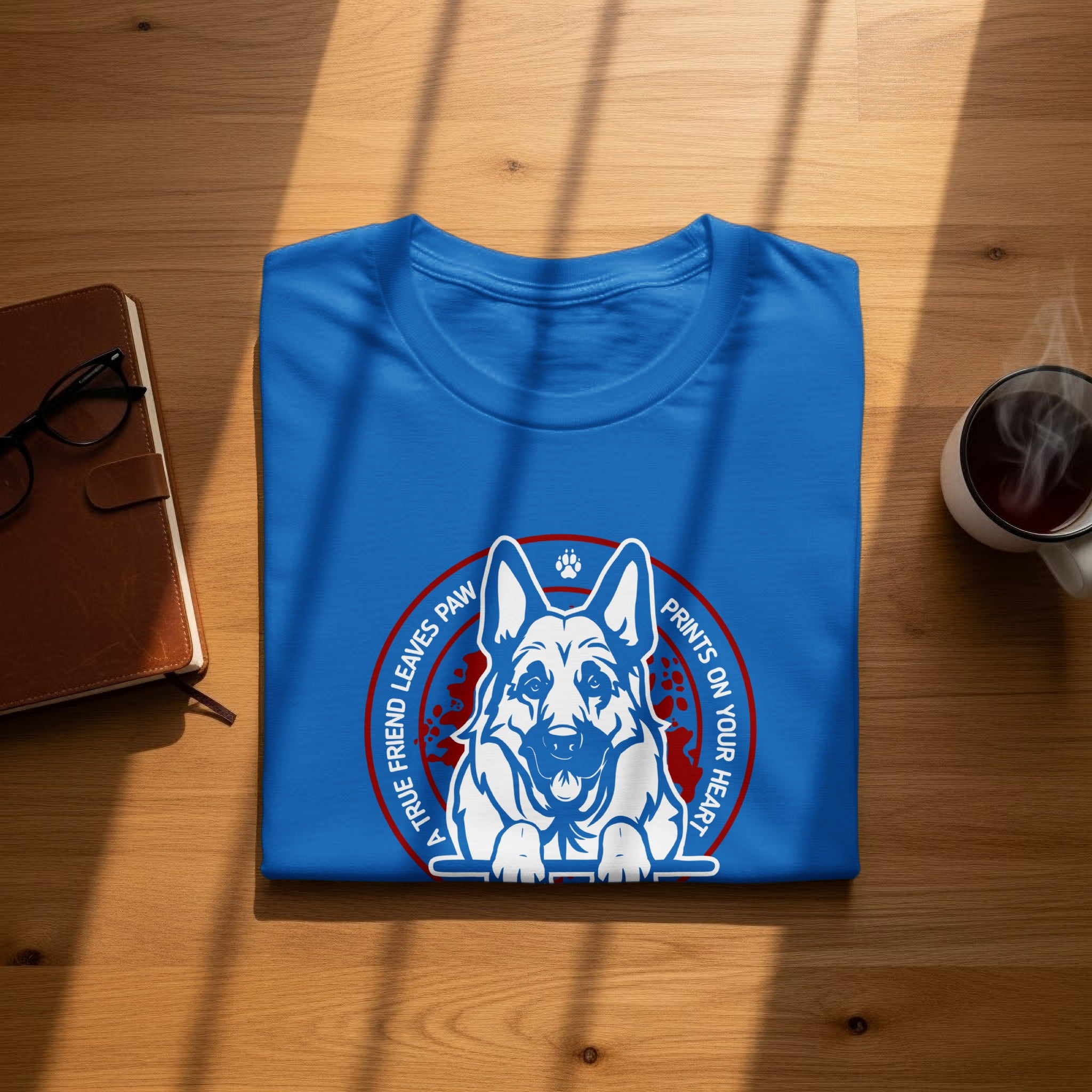 Blue t-shirt featuring a German Shepherd graphic with text "A TRUE FRIEND LEAVES PAW PRINTS ON YOUR HEART".