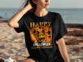Black t-shirt with "Happy Halloween German Shepherd" print featuring a dog and spooky elements