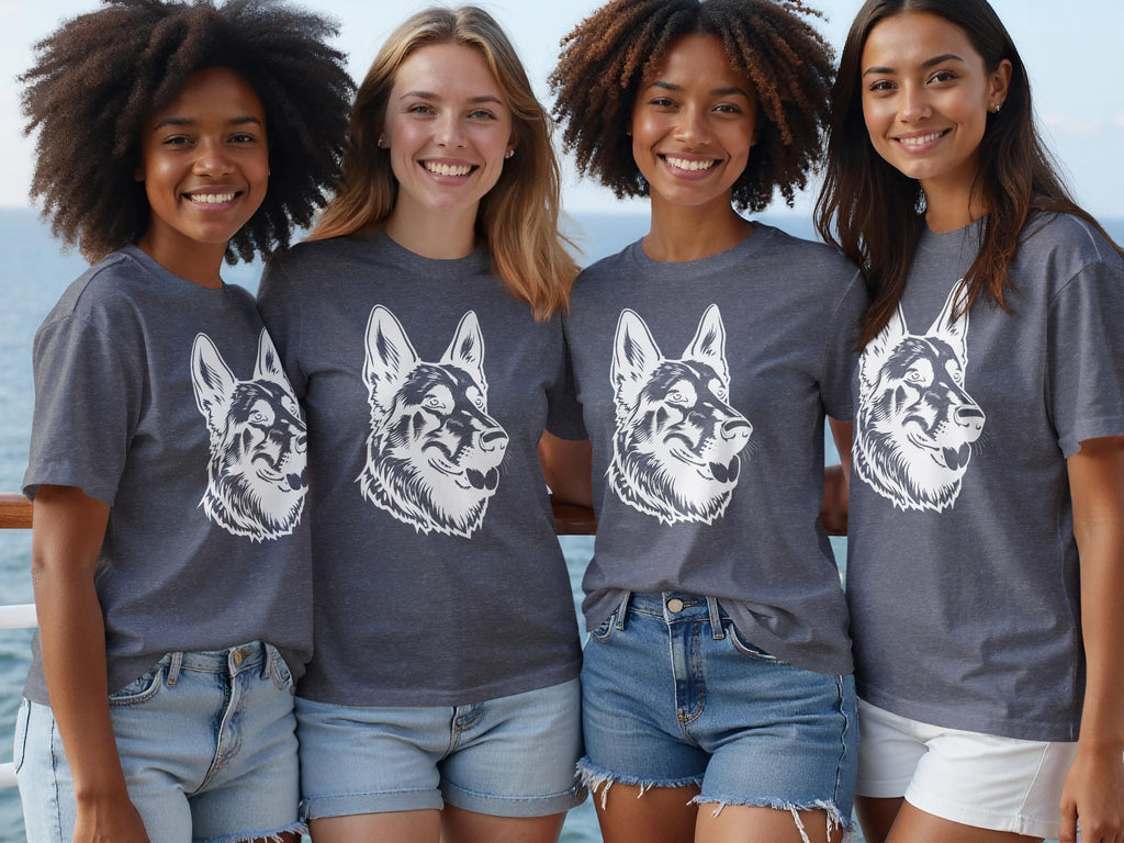 Four women wearing grey t-shirts with a white German Shepherd design.