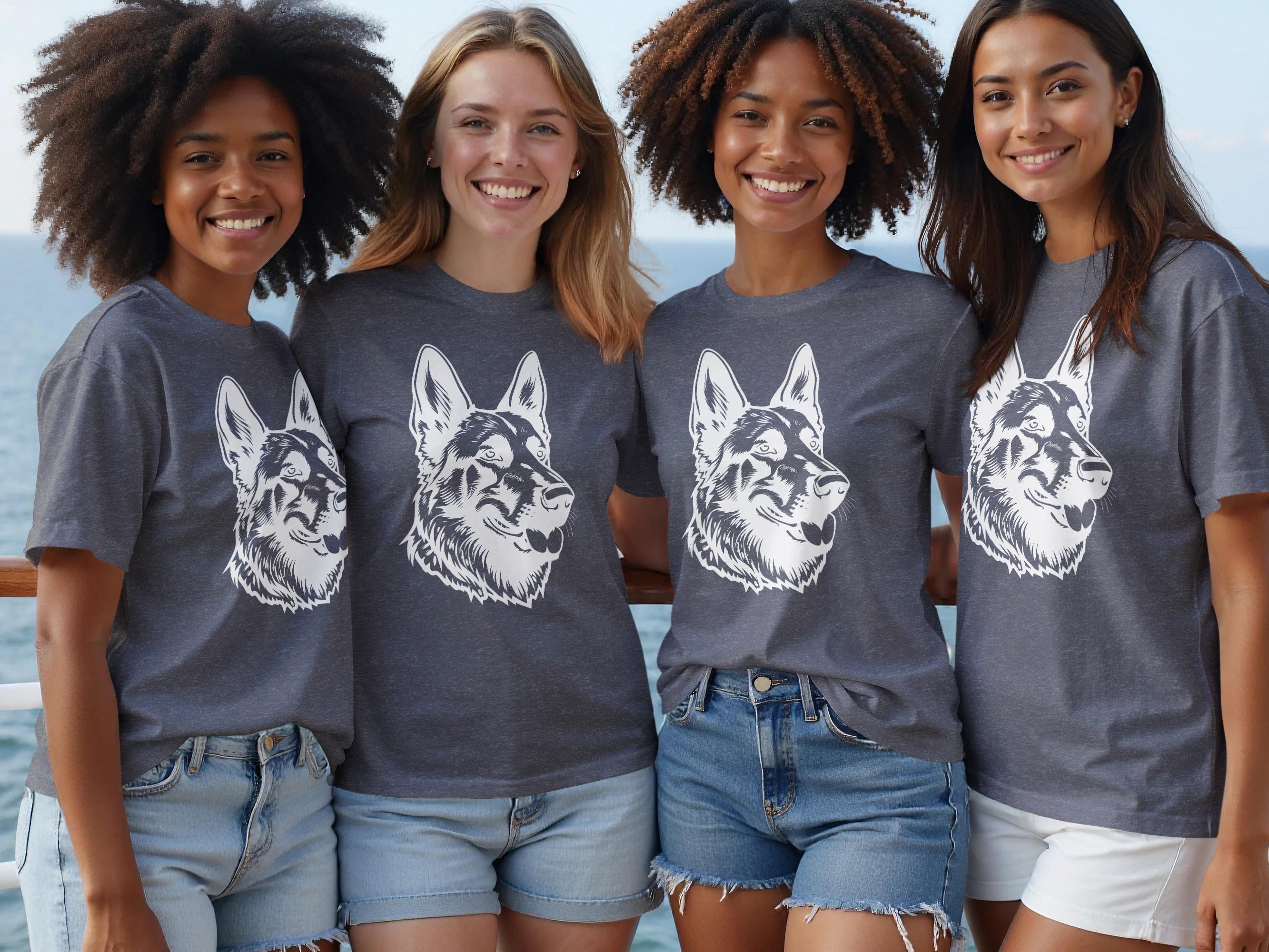 Four women wearing grey t-shirts with a white German Shepherd design.