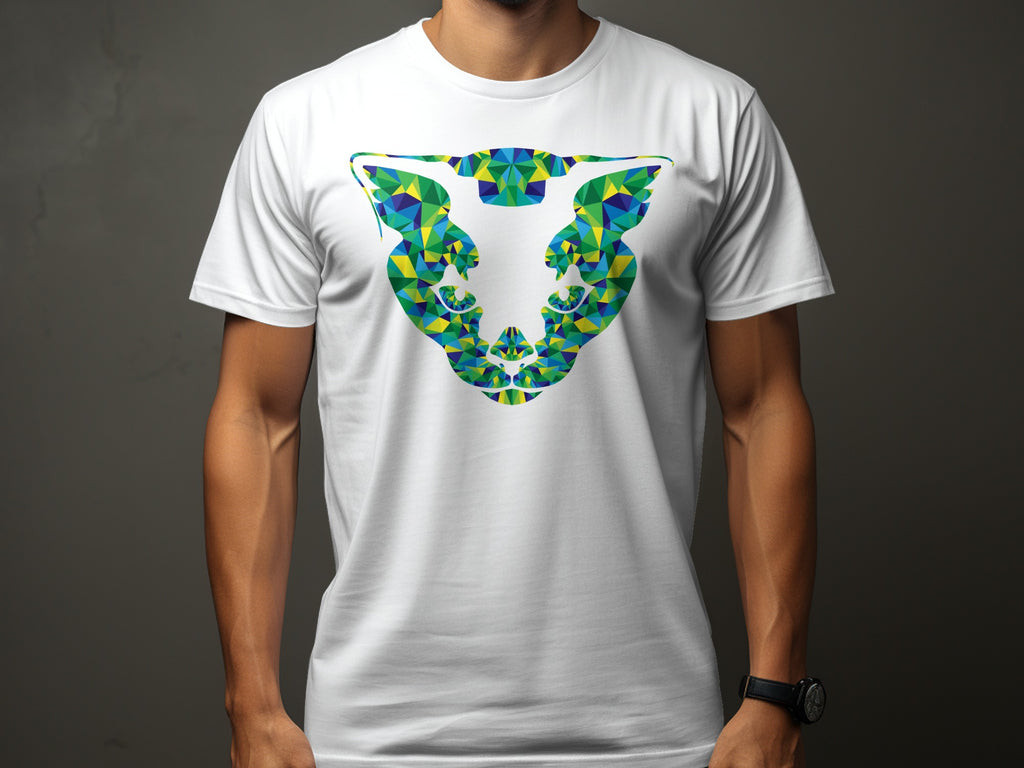 White t-shirt with geometric bull head graphic in blue, green, and yellow.