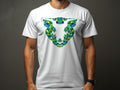 White t-shirt with geometric bull head graphic in blue, green, and yellow.