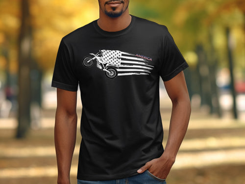 Black t-shirt with distressed American flag and dirt bike graphic.