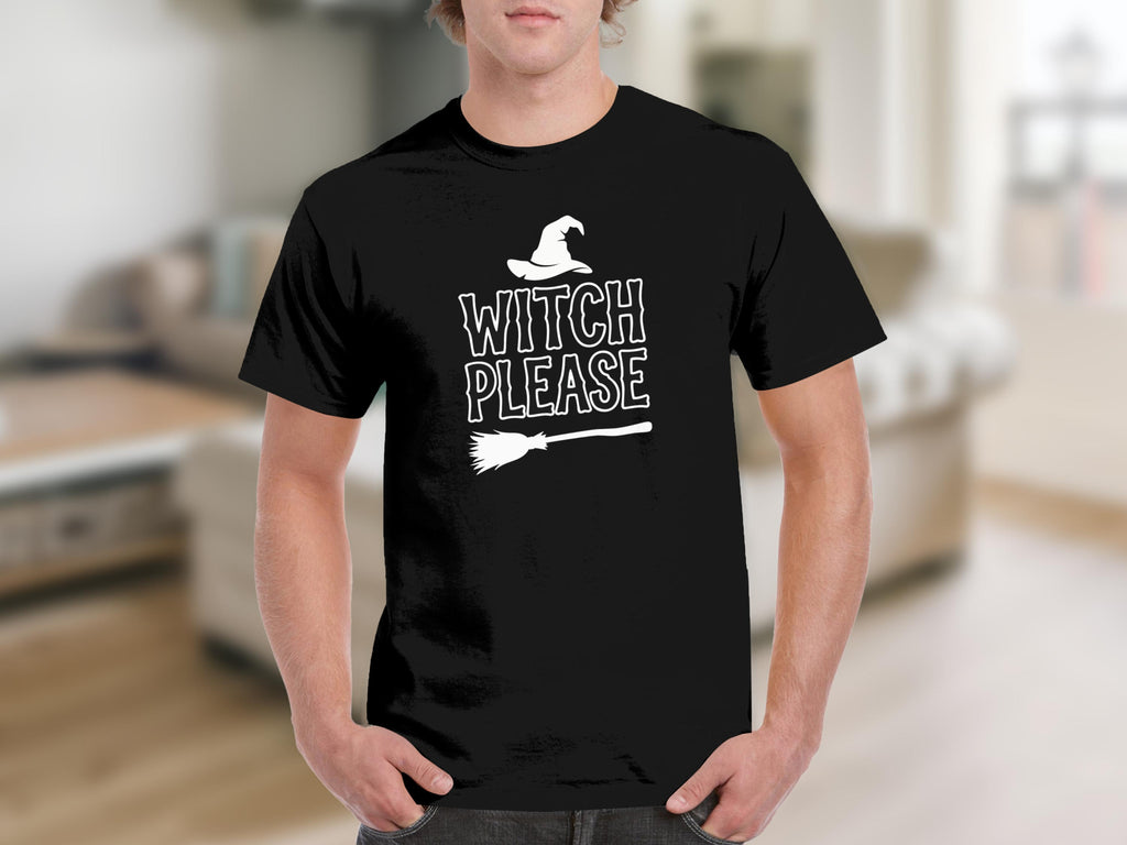 Black t-shirt with white witch hat, broom, and "Witch Please" text.