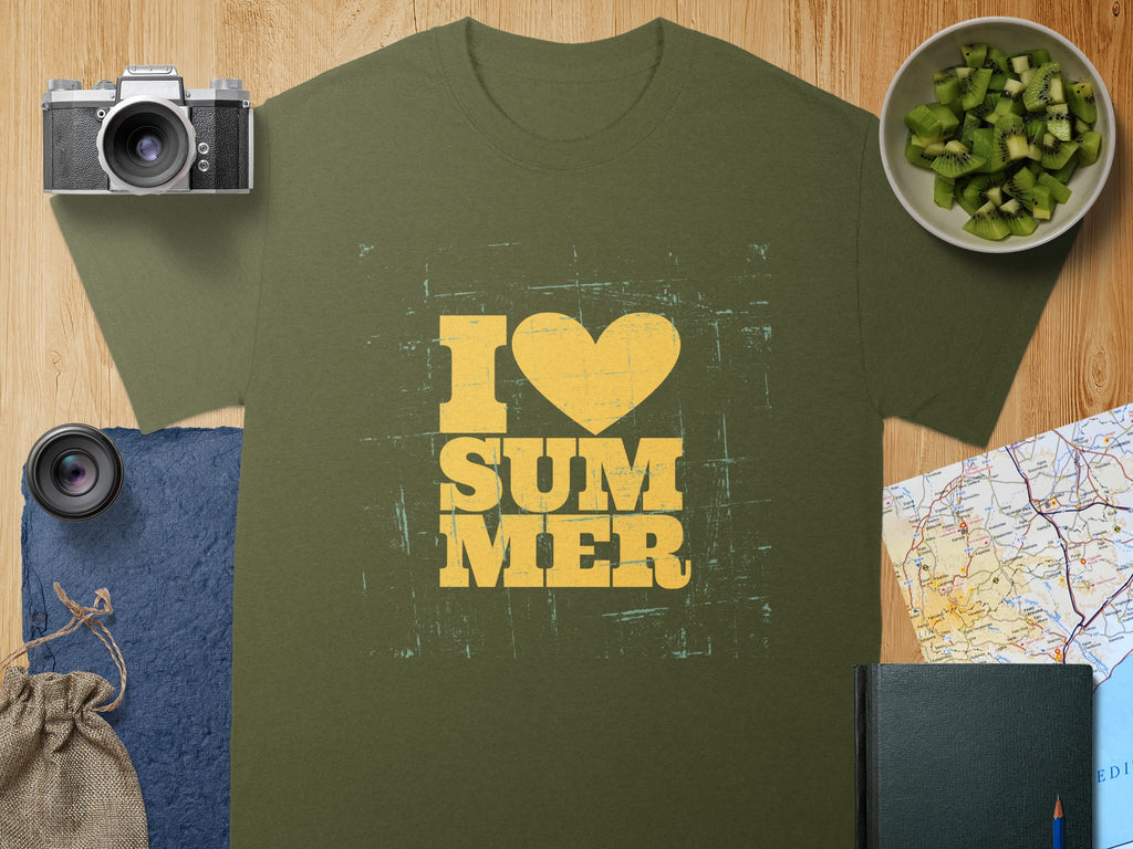Green t-shirt with distressed yellow "I ♡ SUM MER" graphic.
