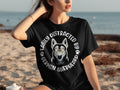 Black t-shirt with a German Shepherd graphic and text "Easily Distracted By German Shepherd".