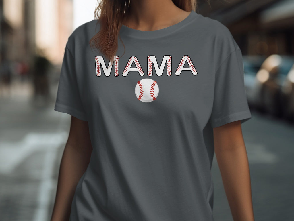 Grey t-shirt with "MAMA" in baseball stitch font and a baseball.