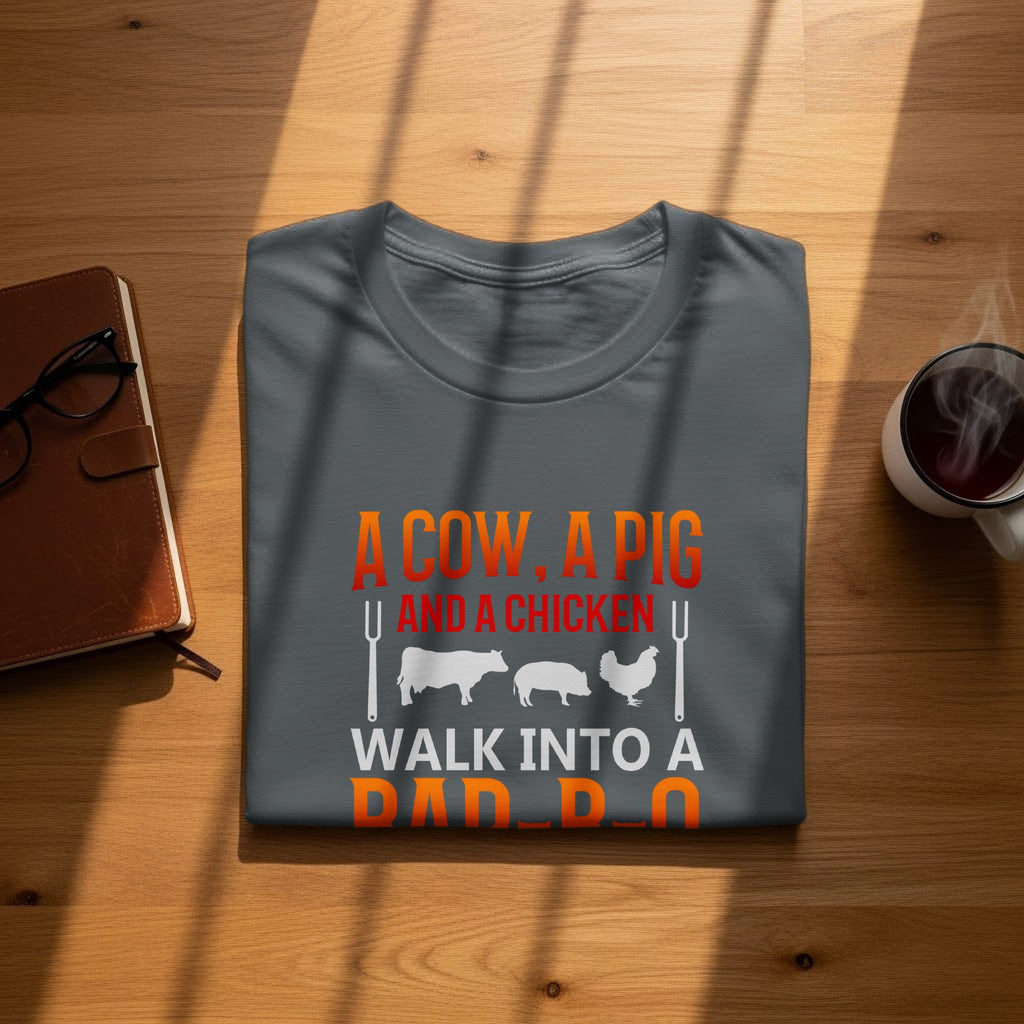 Dark gray t-shirt with "A cow, a pig and a chicken walk into a dad joke" text.
