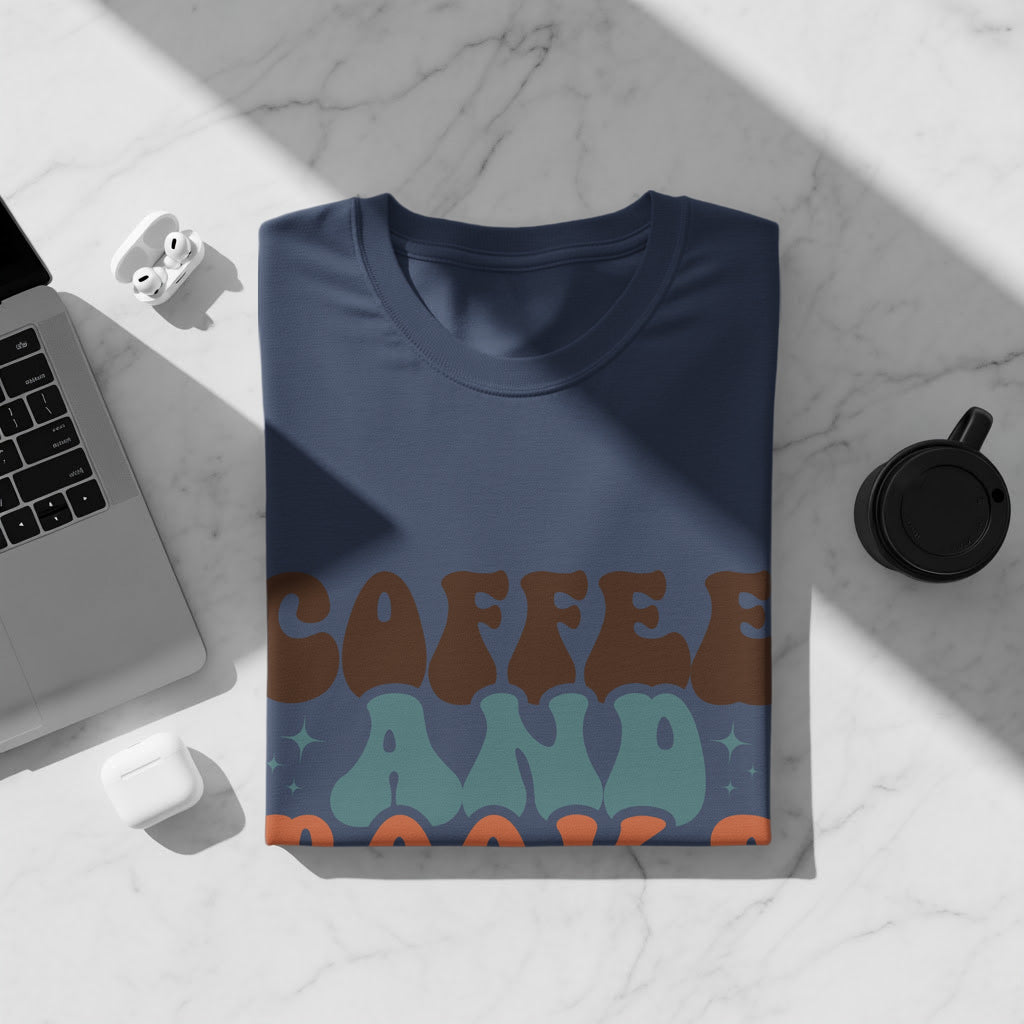 Navy t-shirt with "Coffee And Vibes" text in groovy font.
