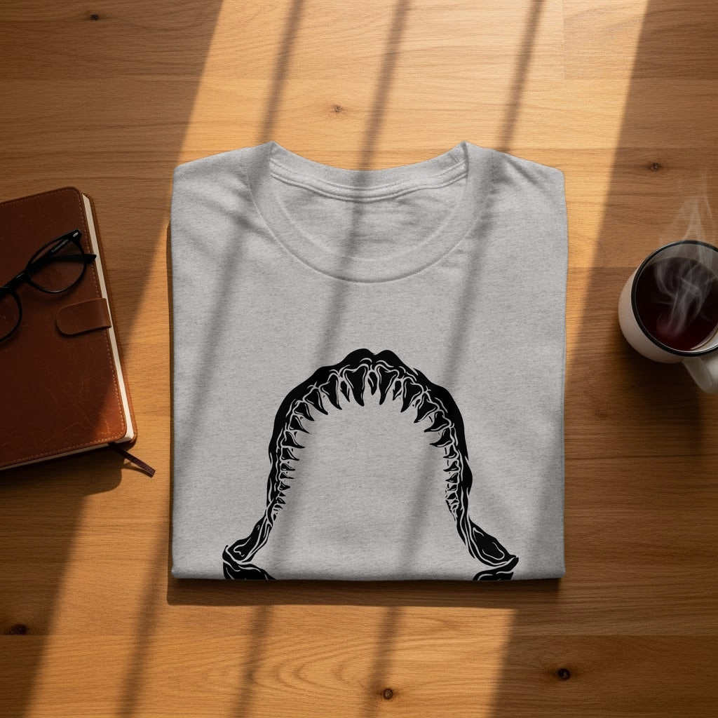 Gray t-shirt with a black shark jaw graphic and sharp teeth.
