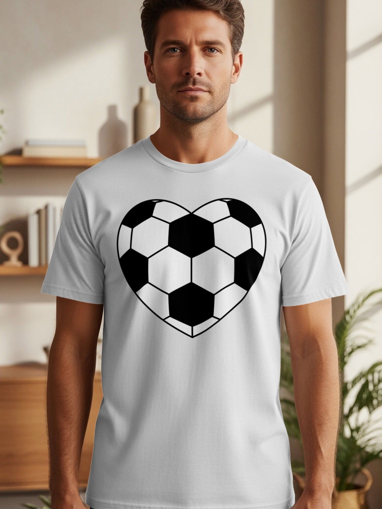 Man wearing a light gray t-shirt featuring a black and white heart-shaped soccer ball design.
