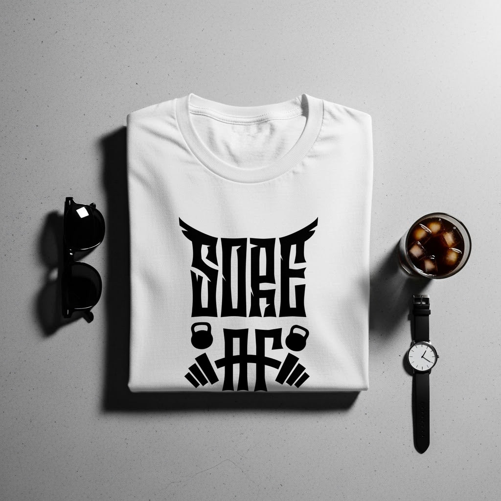 White t-shirt with black text "SOBE AF" and gym icons.