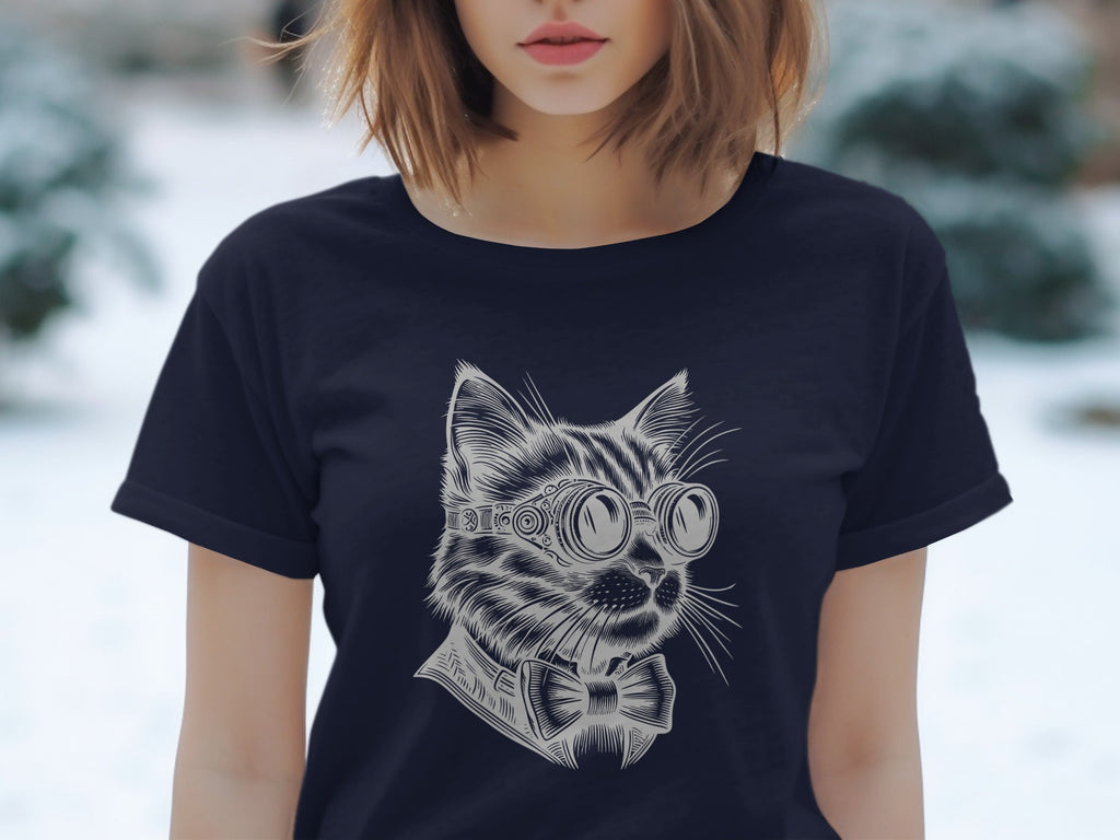 Dark navy t-shirt with a line art print of a cat wearing goggles and a bowtie.