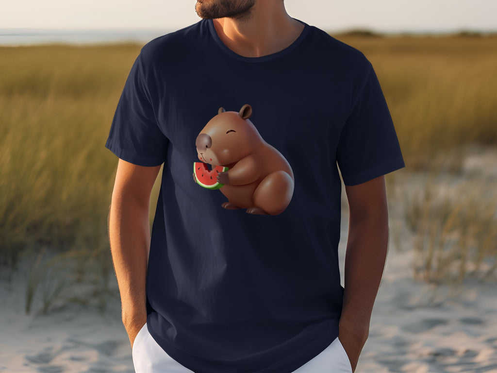 Dark blue t-shirt with animated capybara eating watermelon graphic.