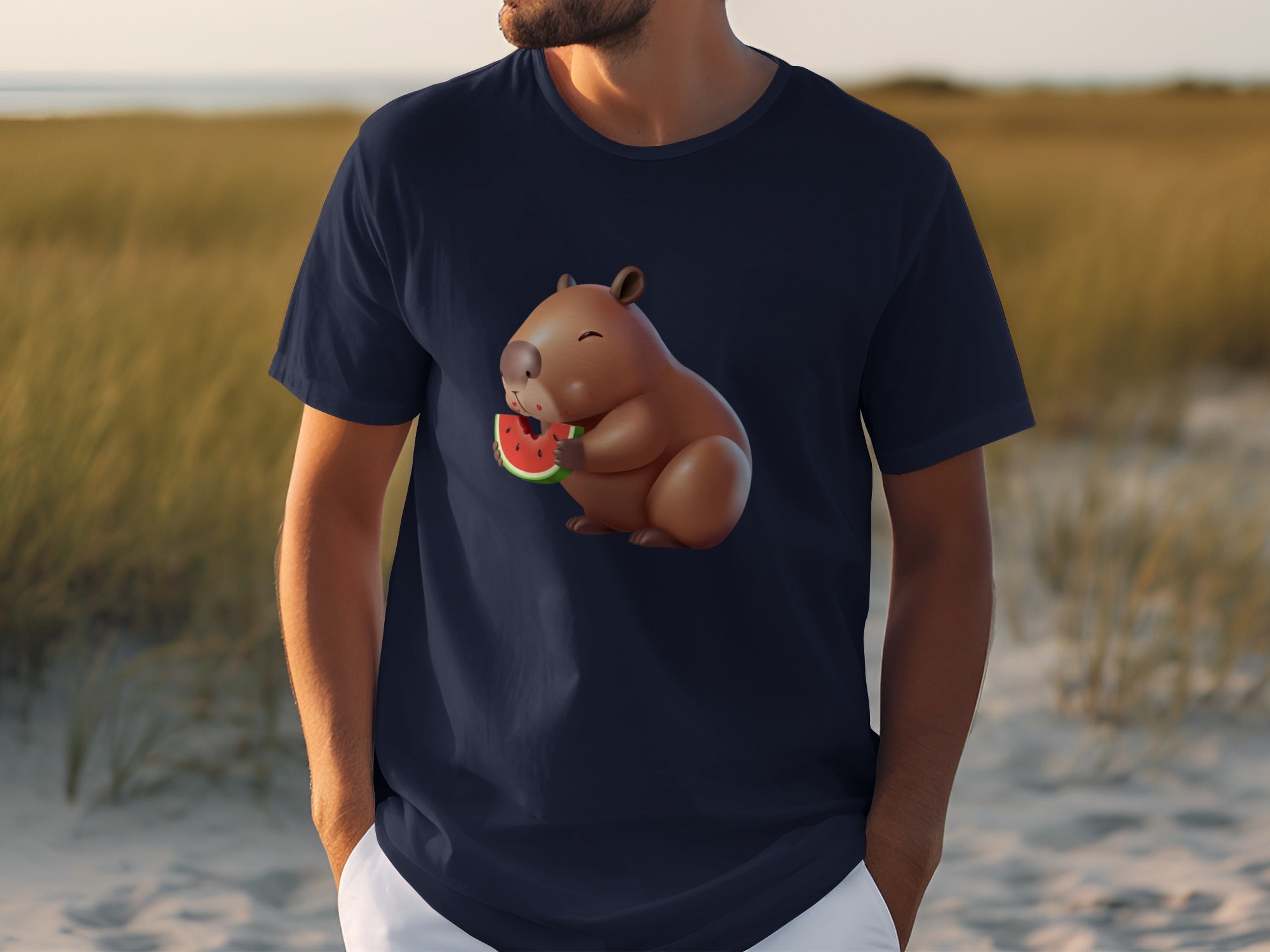 Dark blue t-shirt with animated capybara eating watermelon graphic.