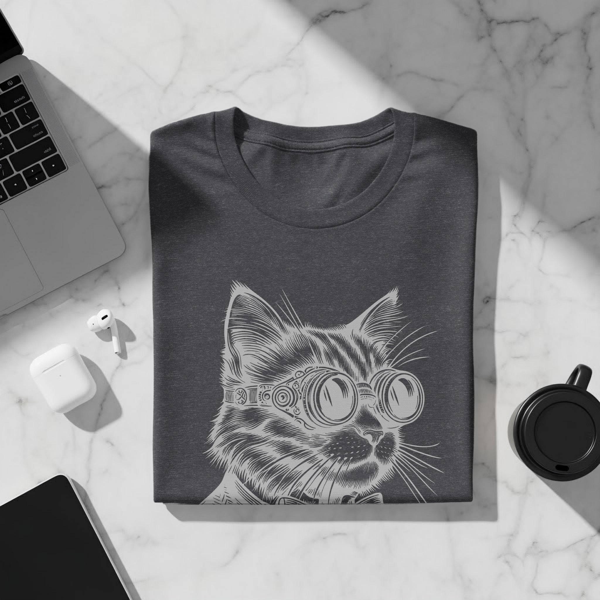 Dark grey t-shirt with a detailed line drawing of a cat wearing goggles.