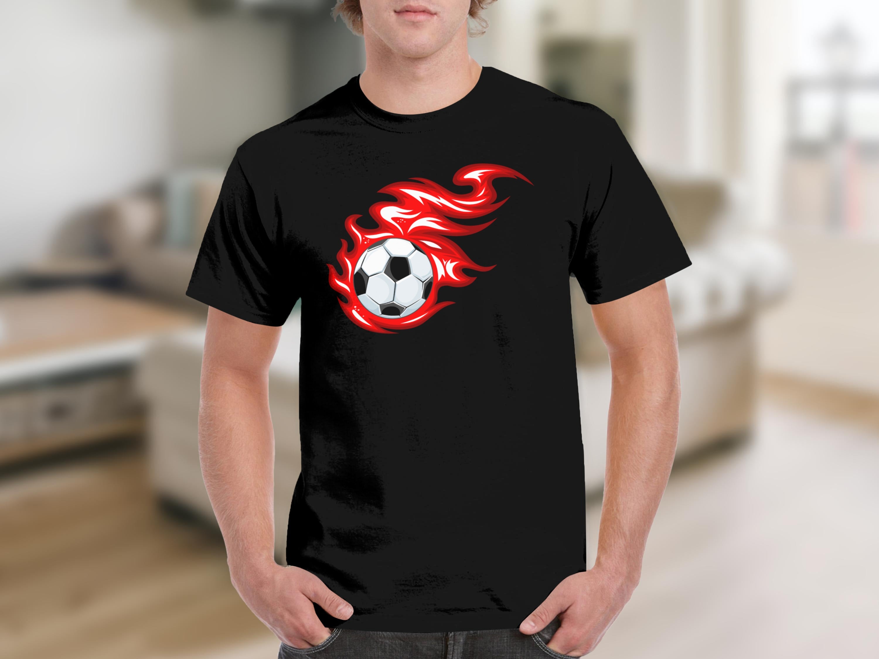 Black t-shirt with a soccer ball engulfed in red flames graphic.