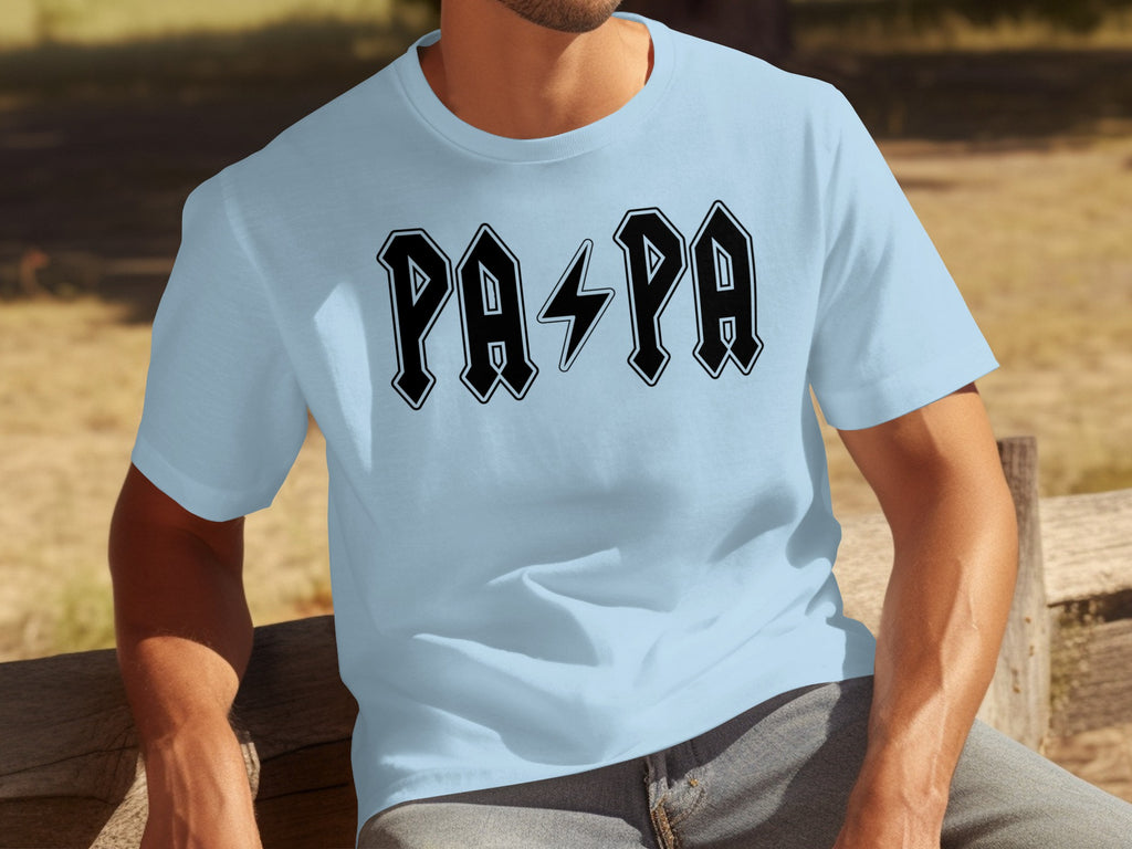 Light blue t-shirt with black "PAPA" text and lightning bolt graphic.