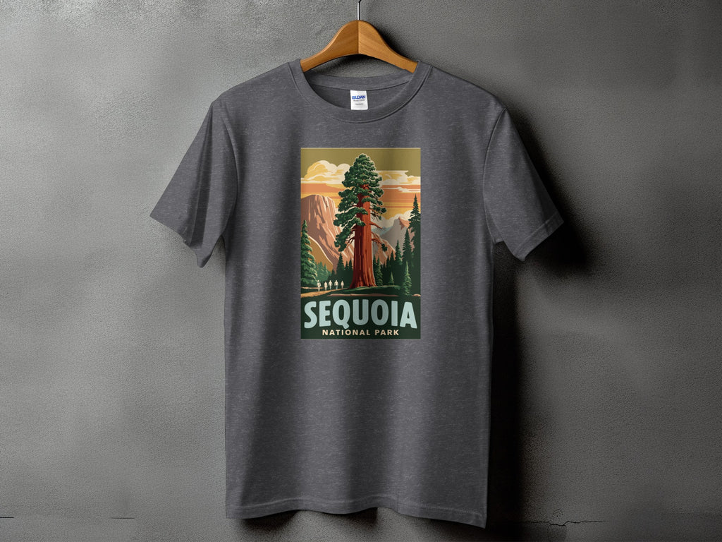 Graphic tee featuring a stylized sequoia tree and mountains with text "Sequoia National Park".