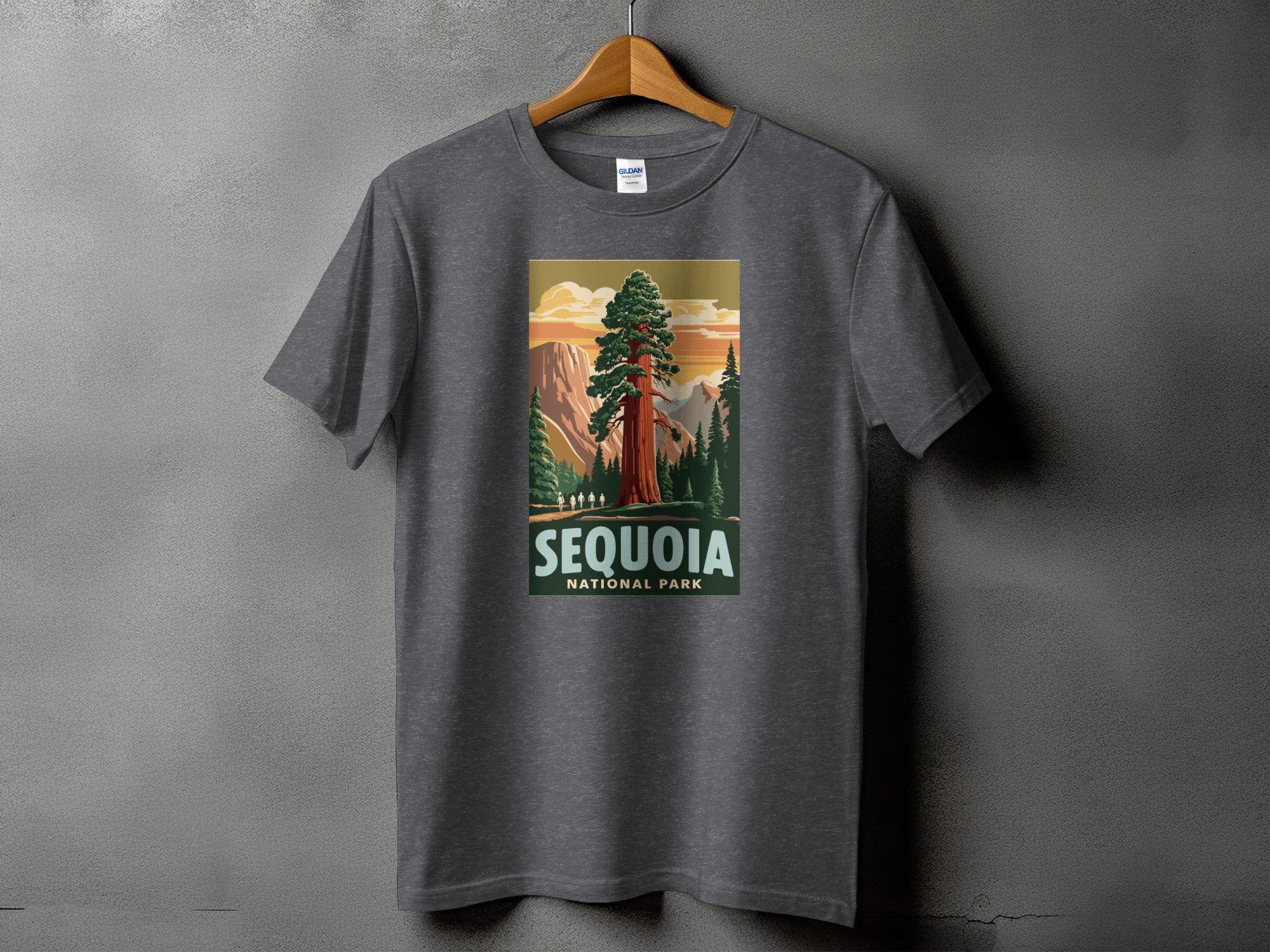 Graphic tee featuring a stylized sequoia tree and mountains with text "Sequoia National Park".
