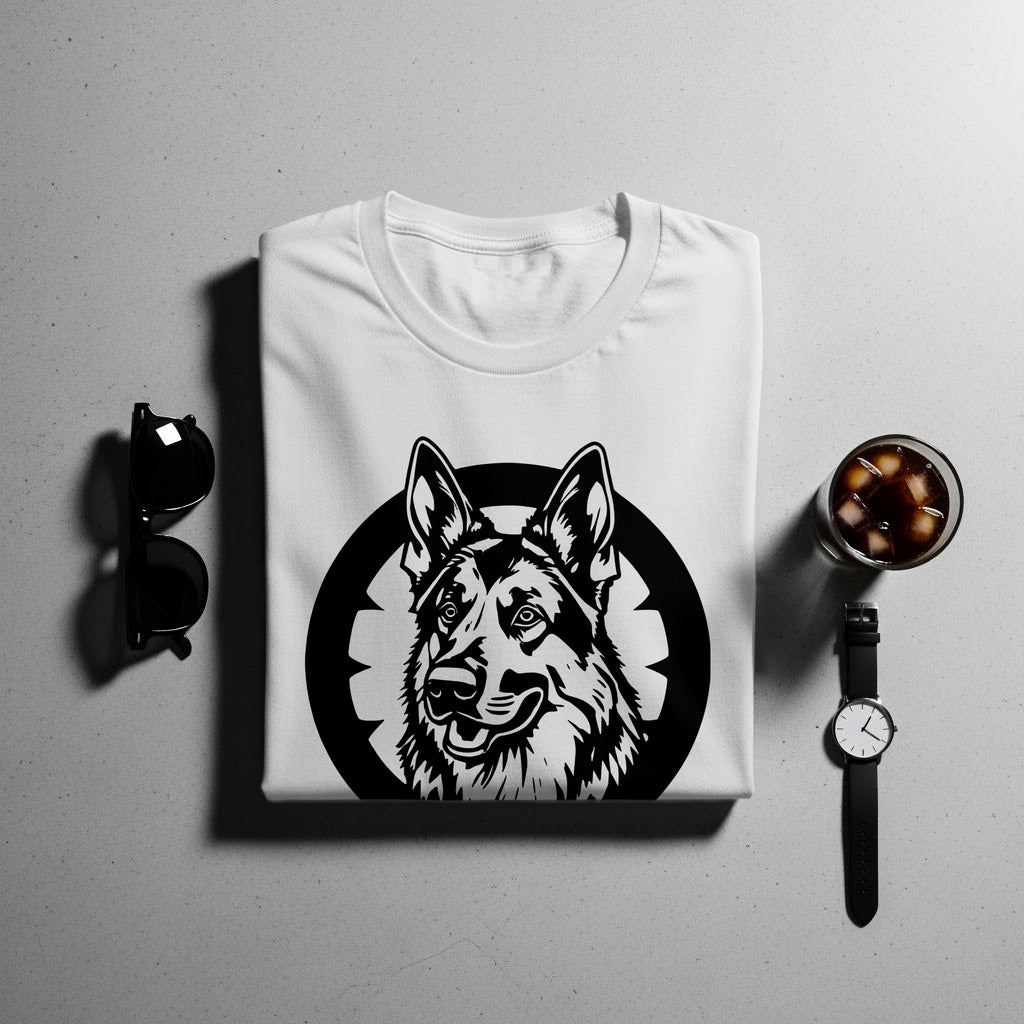 White t-shirt with a black German Shepherd graphic and accessories.