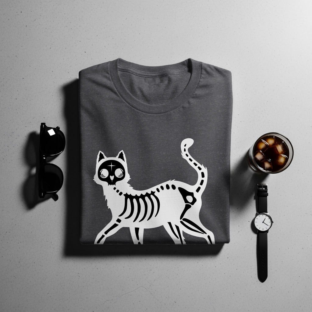 Dark gray t-shirt with a white skeleton cat graphic.