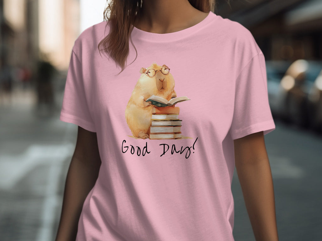 Watercolor capybara wearing glasses reading books with "Good Days!" text.